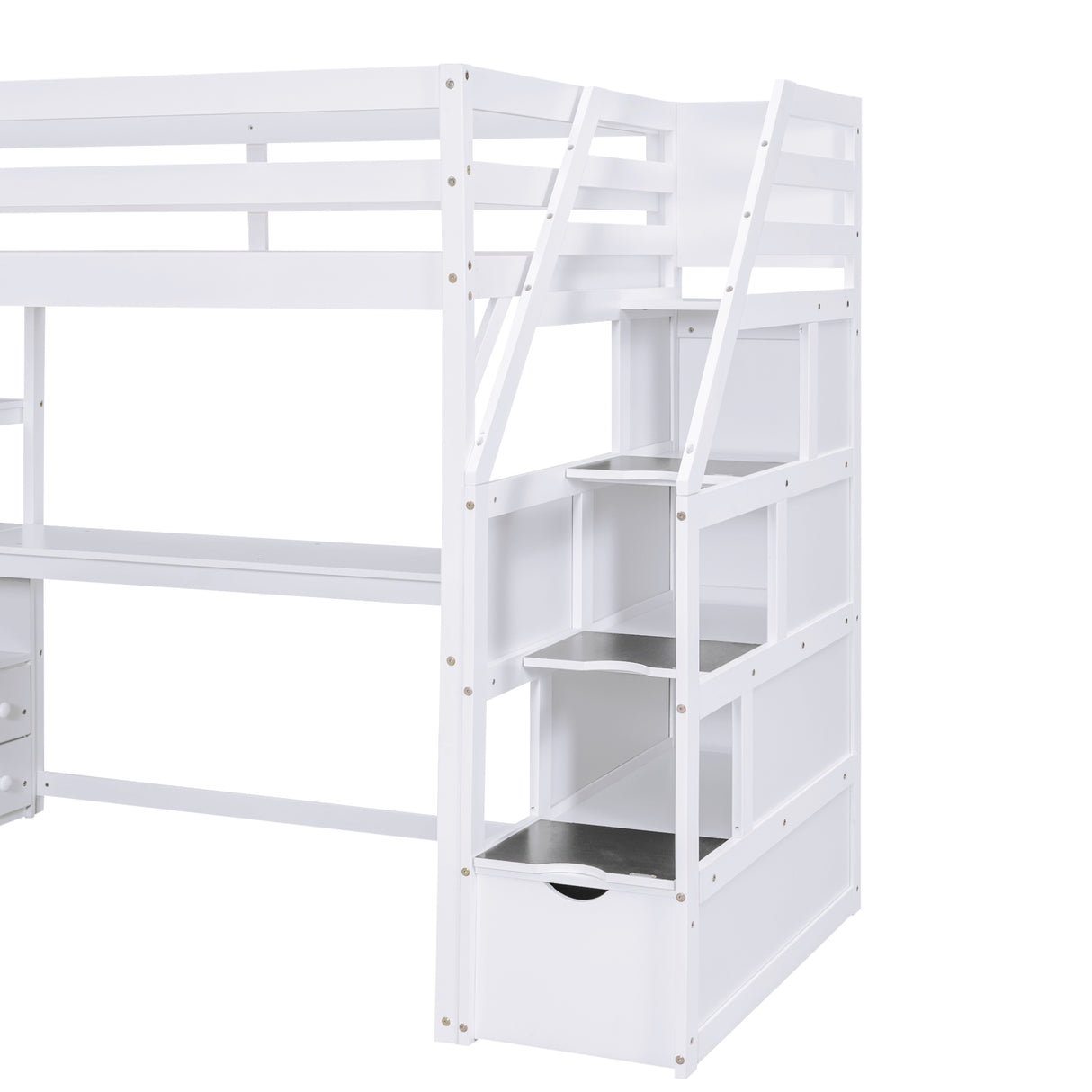 Twin Size Loft Bed with Desk and Shelves Two Built-in Drawers Storage Staircase White