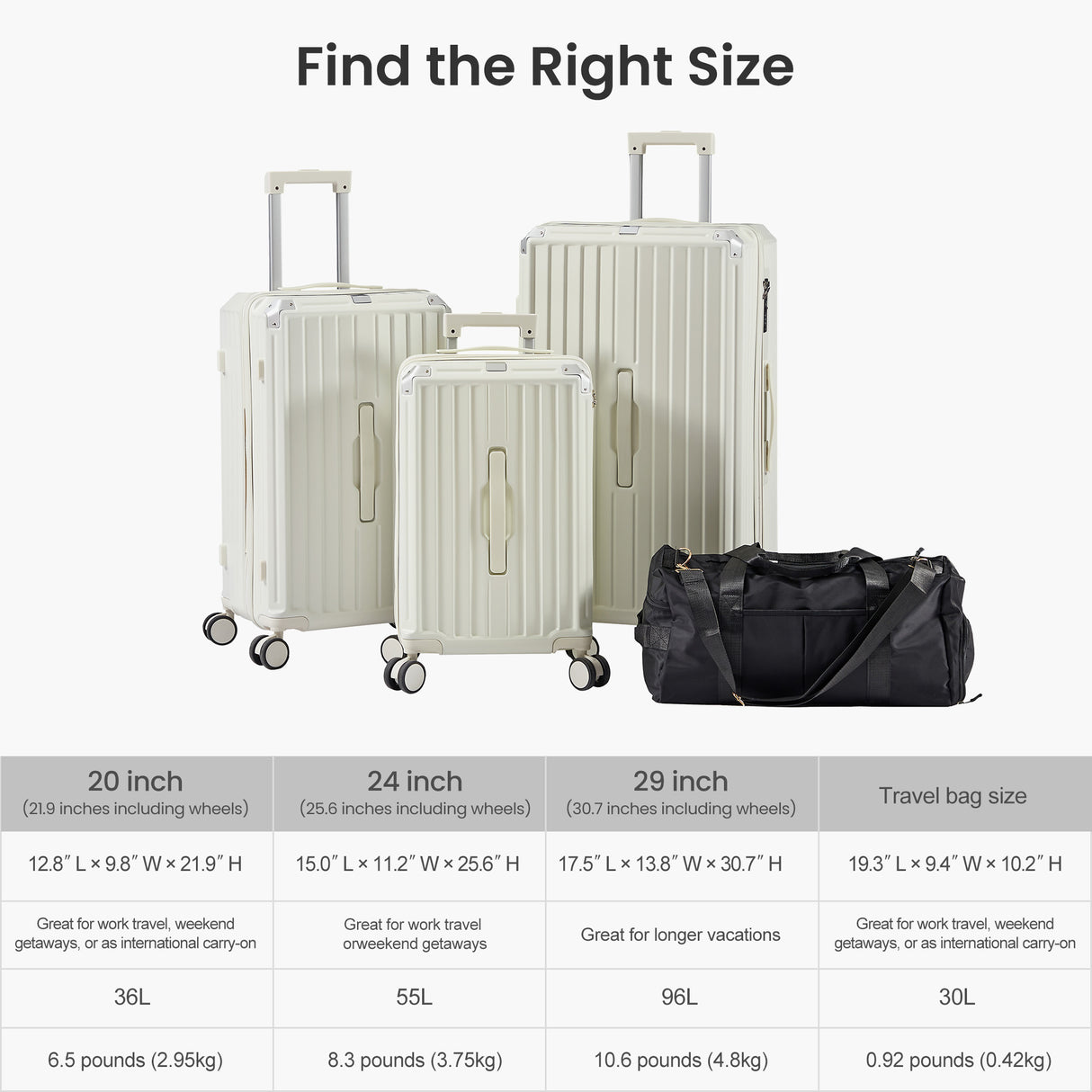 Luggage Set 4 pcs (20"/24"/29"/Travel Bag), PC+ABS Durable Lightweight Luggage with Collapsible Cup Holder、 TSA Lock, White