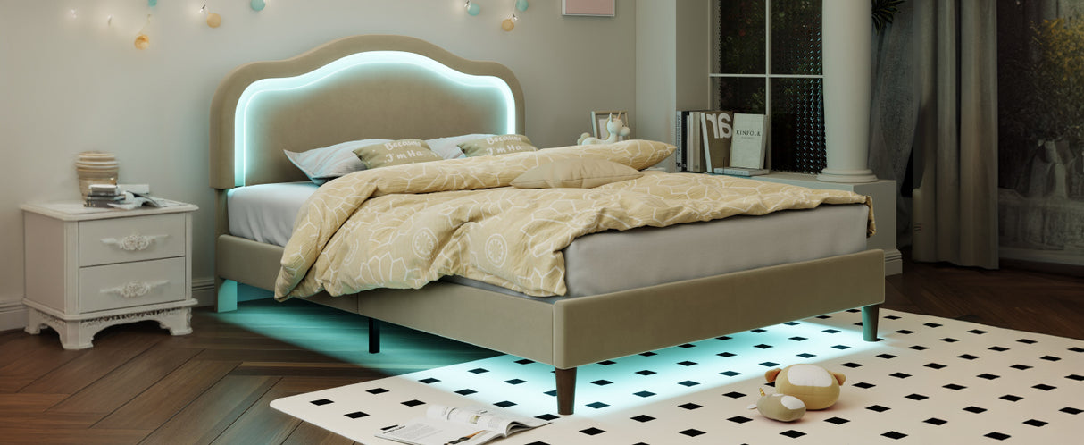 Full Size Velvet Upholstered Smart LED Bed Frame with Adjustable Height Headboard,No Box Spring Needed,Easy Assembly,Beige - V.I.P Digital Presence