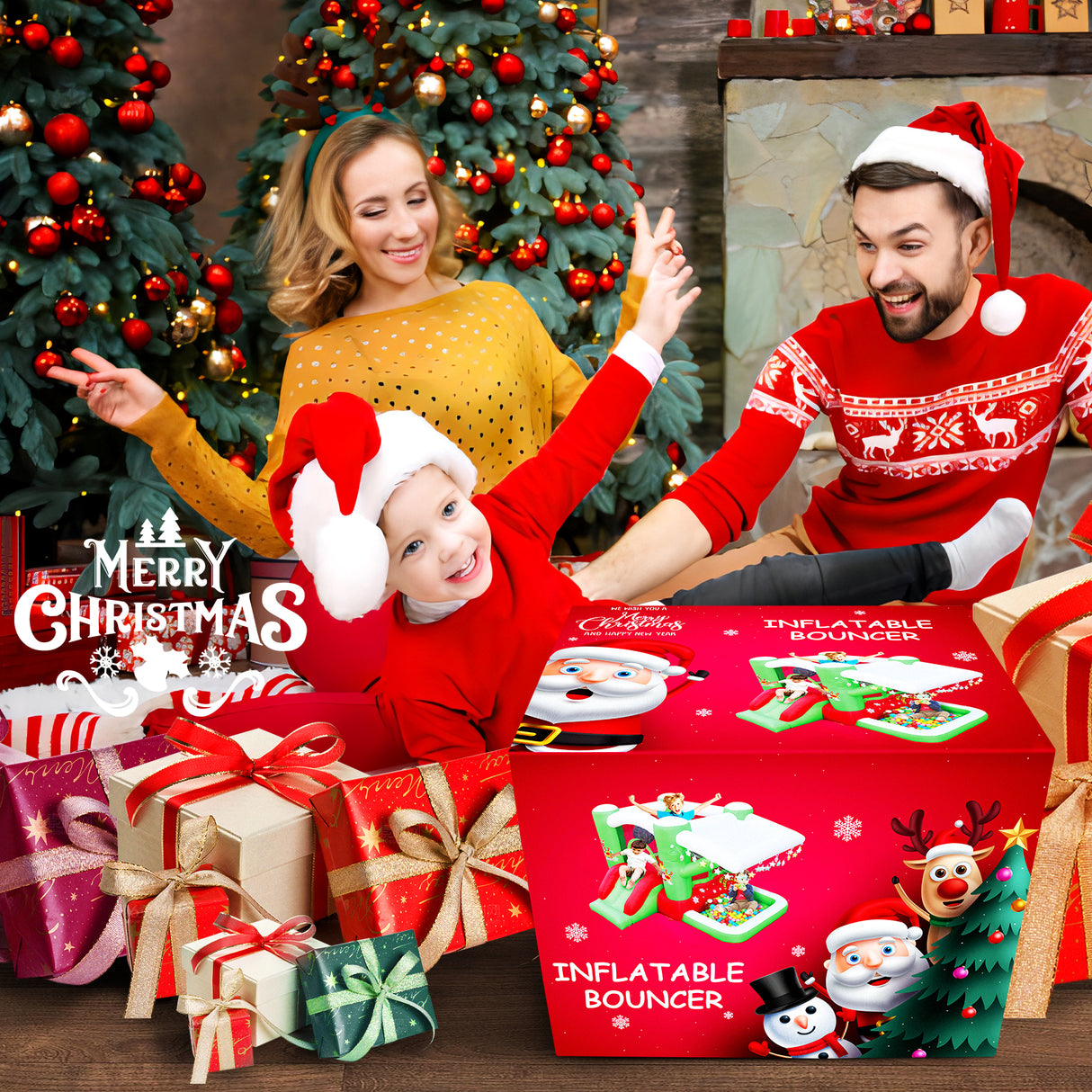 Christmas Jump 'n Slide Inflatable Bouncer for Kids Complete Setup with Blower - 80" x 91" Play Area - 55" Tall - V.I.P Digital Presence