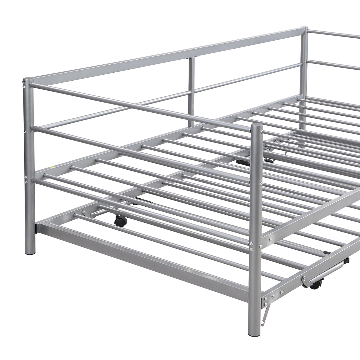 Twin Size Metal Daybed with Adjustable Trundle Pop Up Trundle Silver