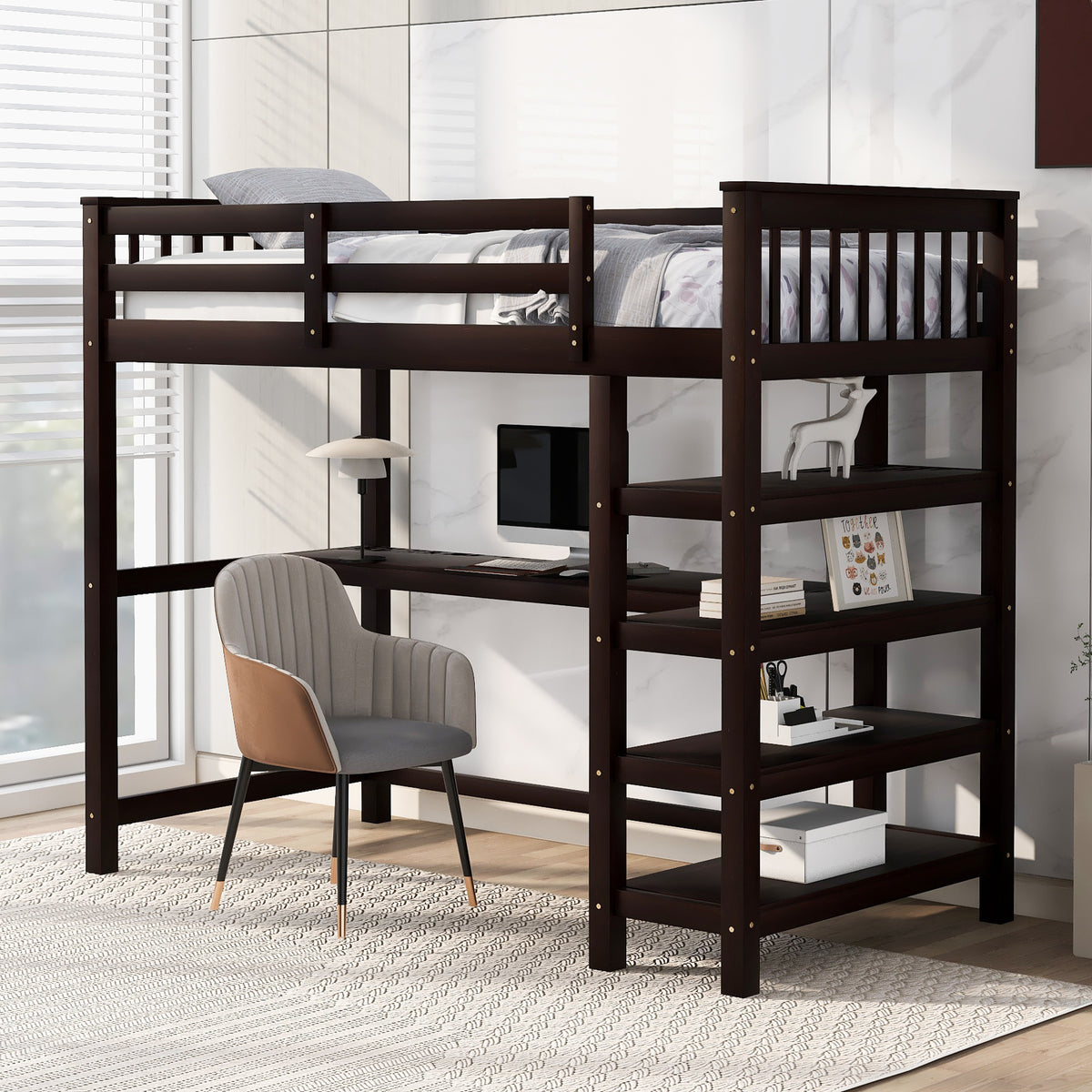 Twin Size Loft Bed with Storage Shelves and Under-bed Desk Espresso