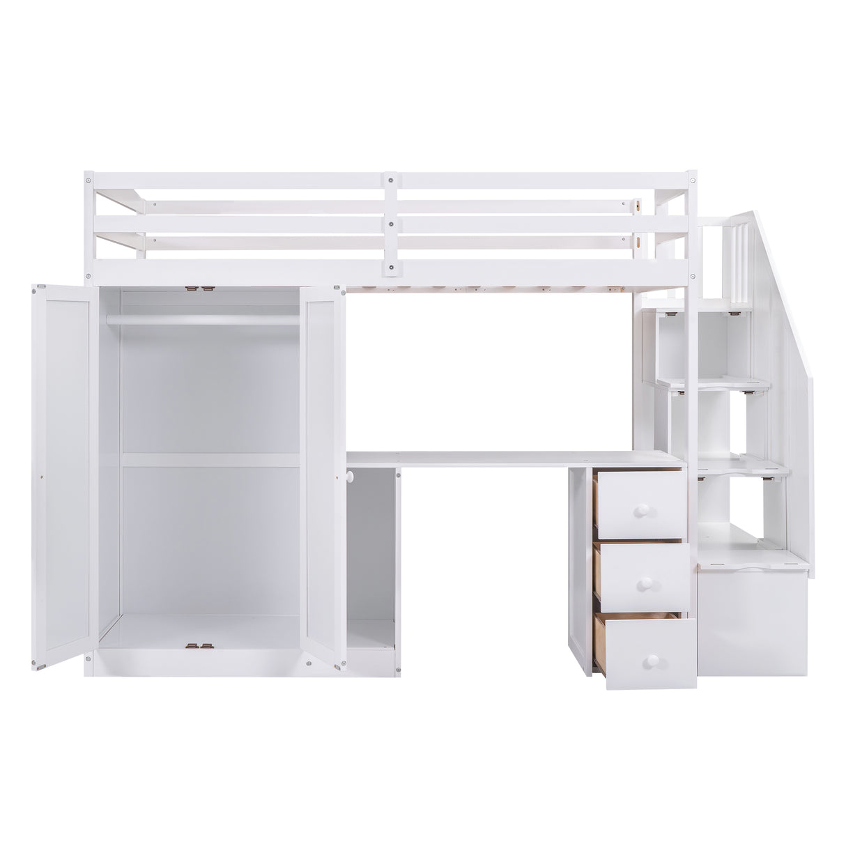 Twin Size Loft Bed with Wardrobe and Staircase, Desk and Storage Drawers and Cabinet in 1 White