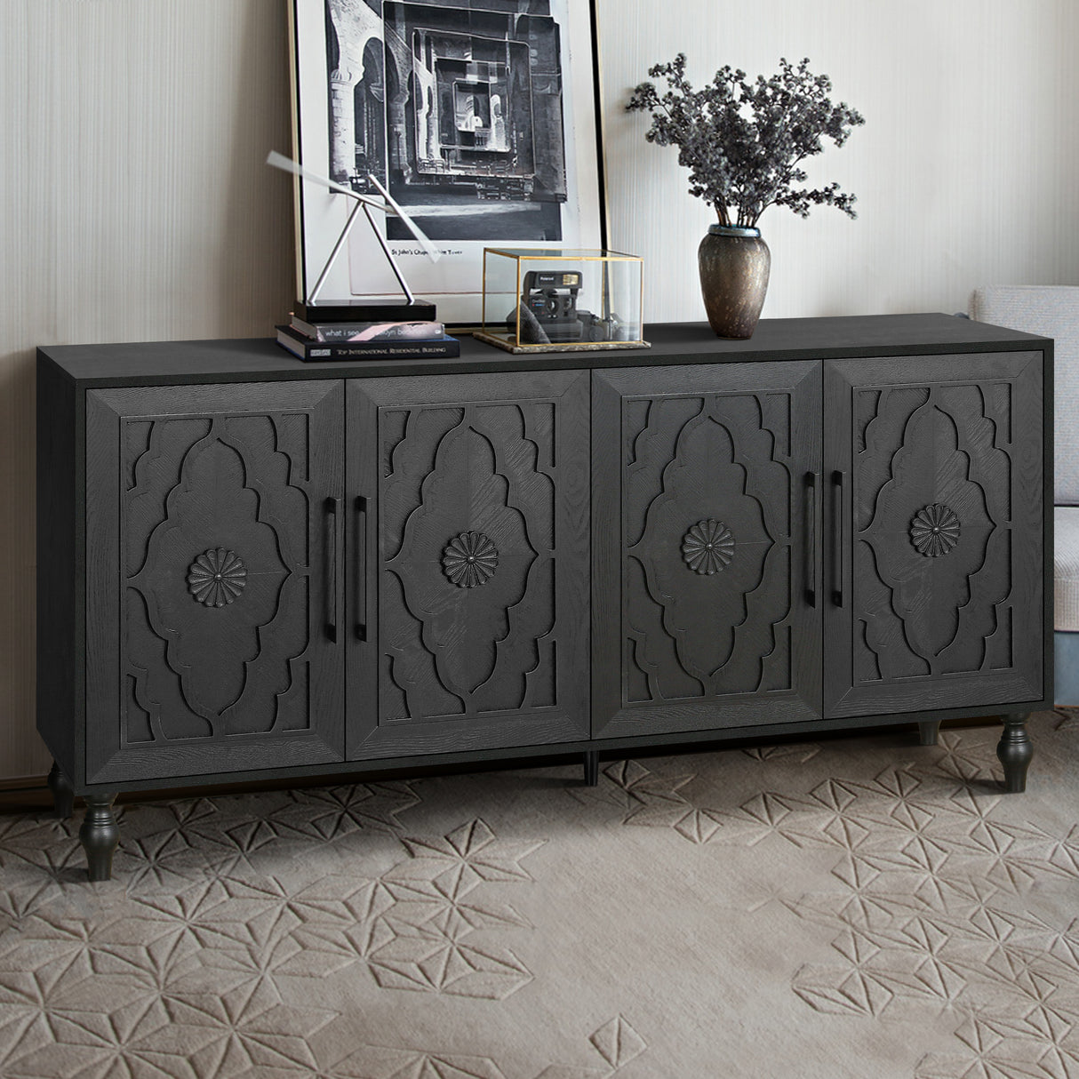 Carved Flower Door Large Storage Cabinet With Metal Handle Suitable For Living Room, Kitchen, Entryway(BLACK) - V.I.P Digital Presence