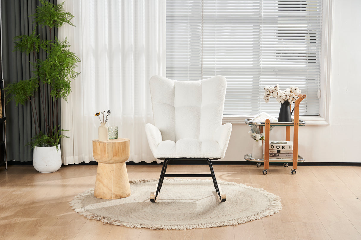 Rocking Chair Nursery solid wood leg reading chair Teddy fabric cushion with Nap armchair white Teddy fabric