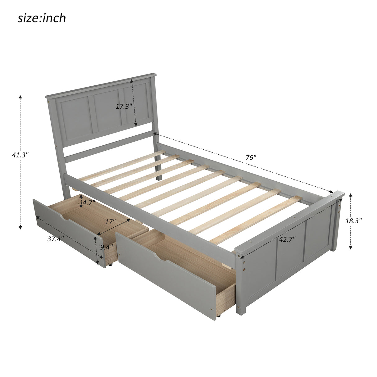 Platform Storage Bed 2 drawers with wheels, Twin Size Frame Gray