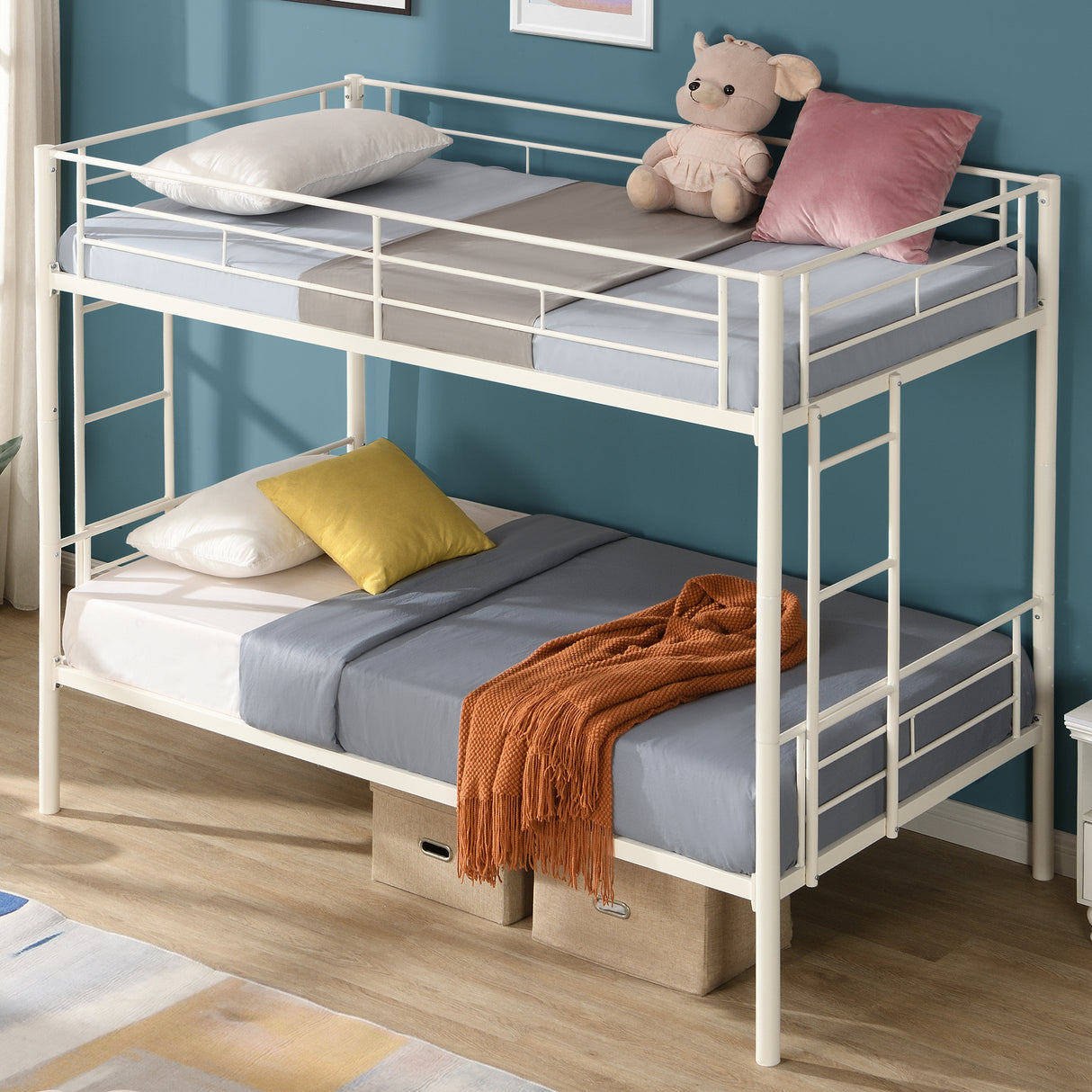 Twin metal bunk beds, metal structure bed frame with safety guardrails and 2 ladders, convertible bunk beds, white - V.I.P Digital Presence