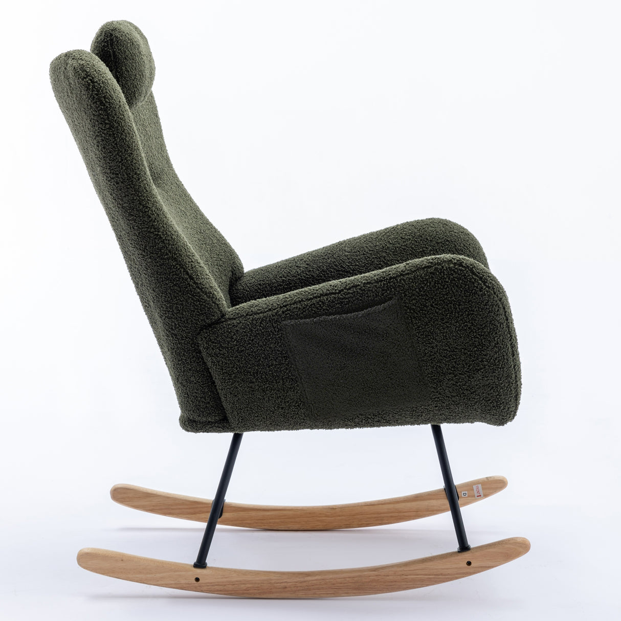 35.5-inch soft Teddy fabric rocking chair with pockets, comfortable wing straps, secure solid wood base (dark green)