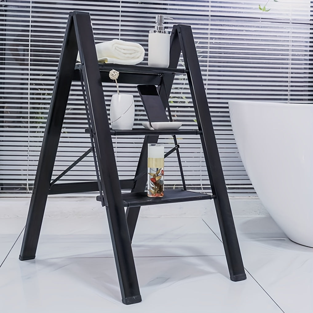 3 Step Ladder Aluminum Light Folding Step Bench Wide Non slip Pedal 300 lb Capacity Home Office Portable Ladder black - V.I.P Digital Presence