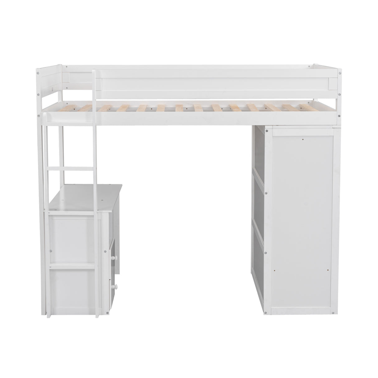 Wood Twin Size Loft Bed with Wardrobes and 2-Drawer Desk with Cabinet White