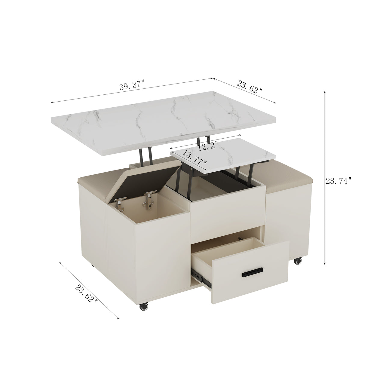 Modern lift coffee table, living room with 4 chairs, expandable 1 hidden storage space+2 drawers, folding dining table - V.I.P Digital Presence