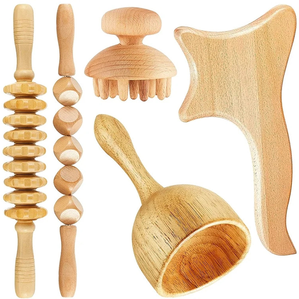 Beech wood therapy scraping cup, meridian dredging roller, tendon rolling stick, scraping board, head massager, massage set - V.I.P Digital Presence