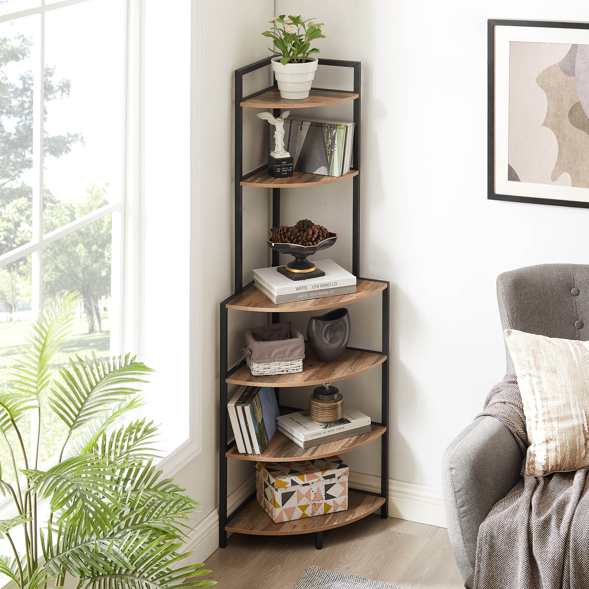 6-story corner open bookshelf modern bookshelf wooden frame independent bookshelf unit, country brown - V.I.P Digital Presence