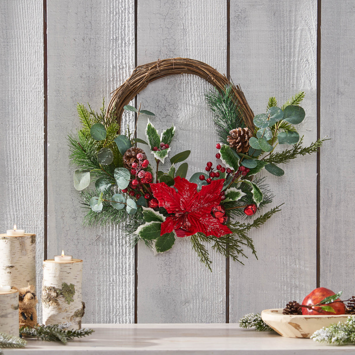 23.5" POINSETTIA/BERRY/EUCALYPTUS HALF WREATH - V.I.P Digital Presence