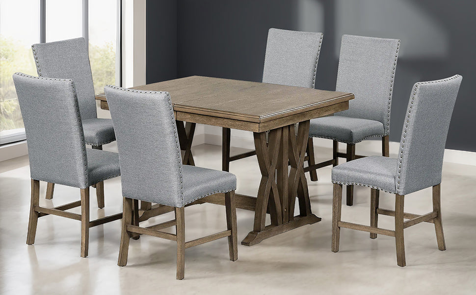 TOPMAX Mid Century Solid Wood 7-Piece Expandable Dining Table Set with Soft Cushioned Chair, Gold Brown+Gray Cushions