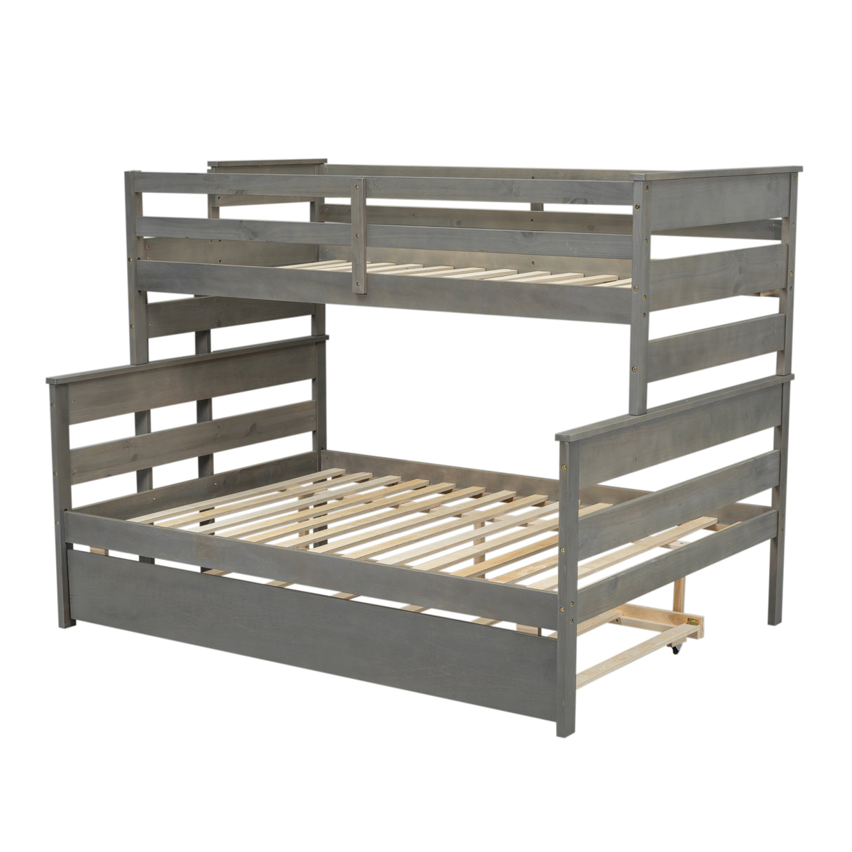 Wood Twin over Full Bunk Bed with Twin Size Trundle Gray