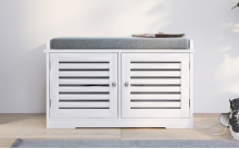 Shoe Storage Bench with Padded Seat Cushion, Entryway Bench with 2 Barn Doors-White - V.I.P Digital Presence
