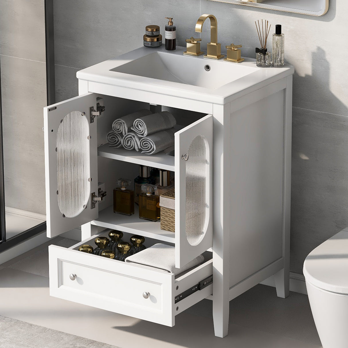 24" Bathroom Vanity with Sink, Bathroom Vanity Cabinet with One Drawer and Doors, Adjustable Shelf, Solid Wood and MDF, White - V.I.P Digital Presence
