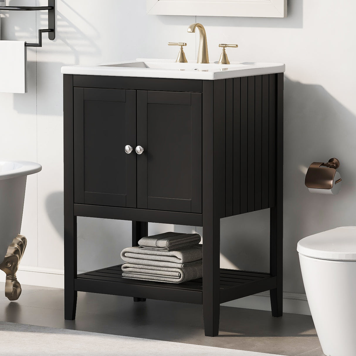 24" Black Modern Sleek Bathroom Vanity Elegant Ceramic Sink with Solid Wood Frame Open Style Shelf - V.I.P Digital Presence