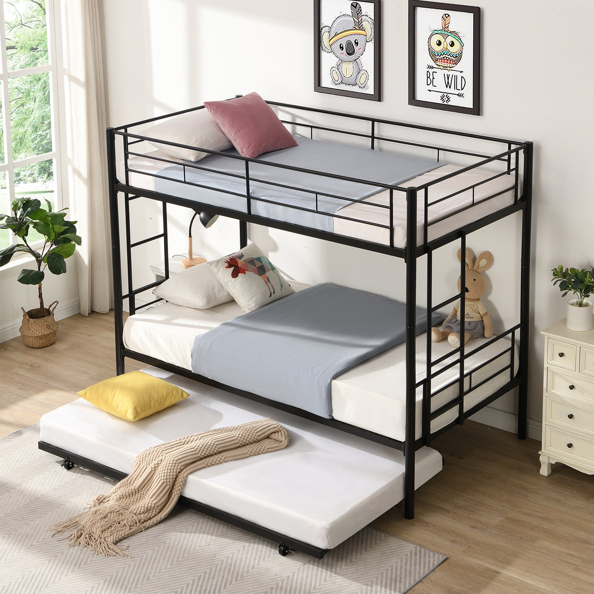 Twin bunk bed frame with trailer, metal bunk bed with sturdy guardrail and side ladder, can be divided into two beds, black - V.I.P Digital Presence