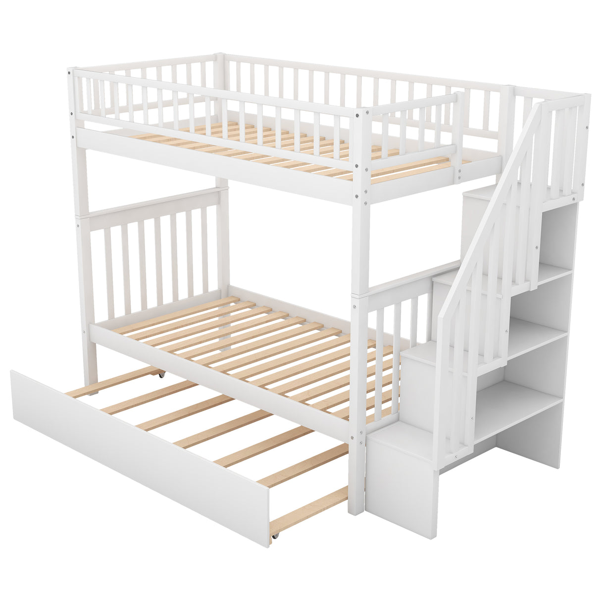 Twin over Twin Bunk Bed with Trundle and Storage White