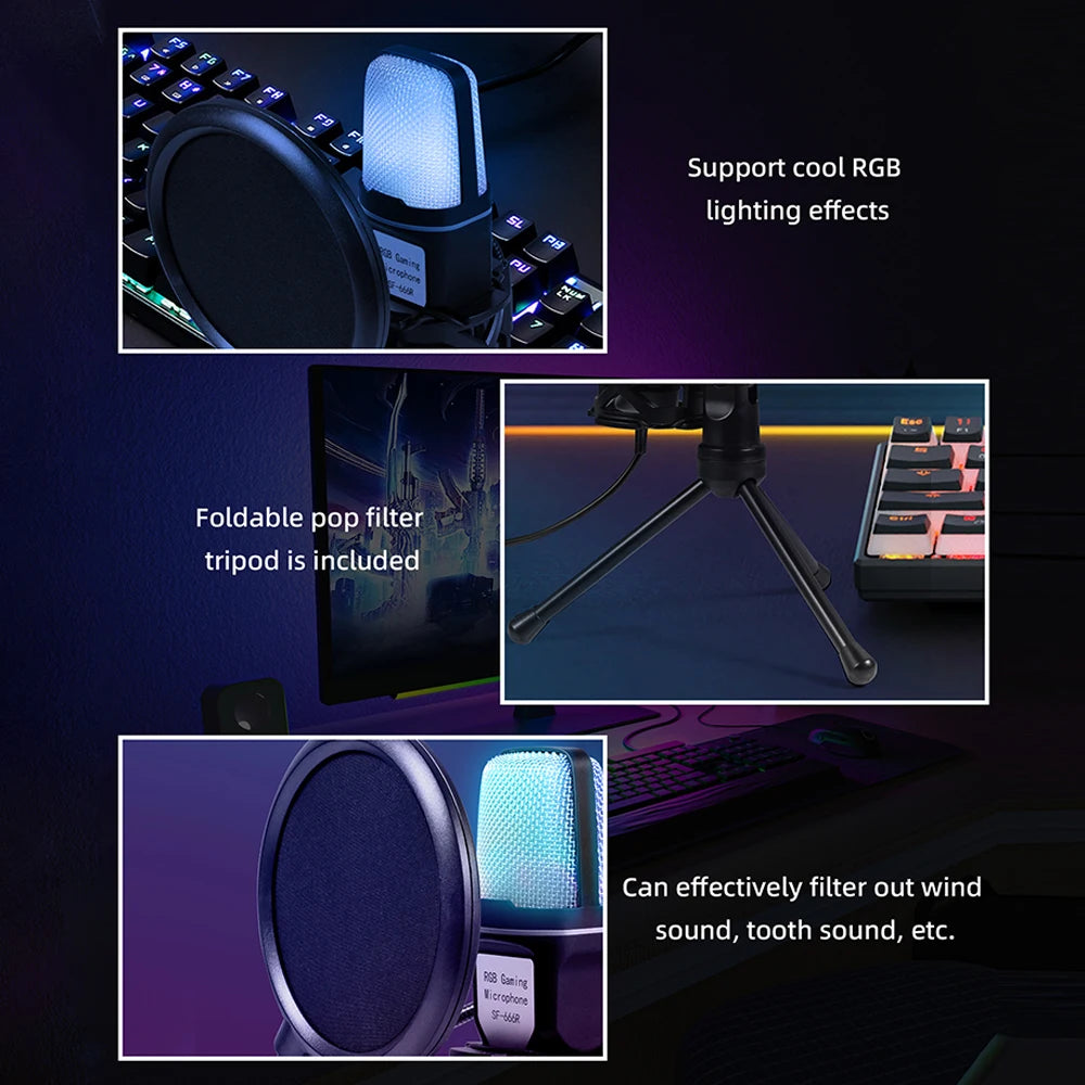 SF-666R condenser microphone RGB seven color luminous microphone with shock mount USB computer game - V.I.P Digital Presence