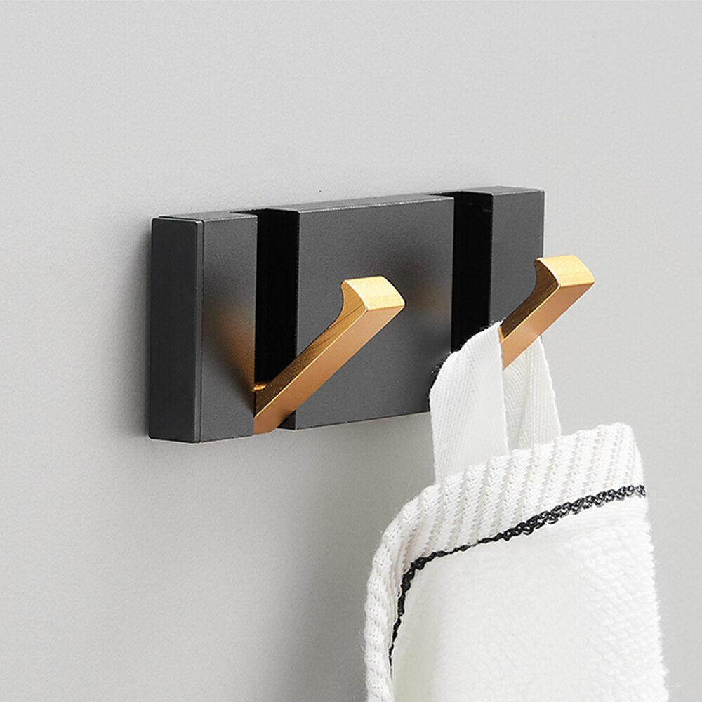 Folding Towel Hanger 2ways Installation Wall Hooks Coat Clothes Holder for Bathroom Kitchen Bedroom Hallway, Black Gold - V.I.P Digital Presence