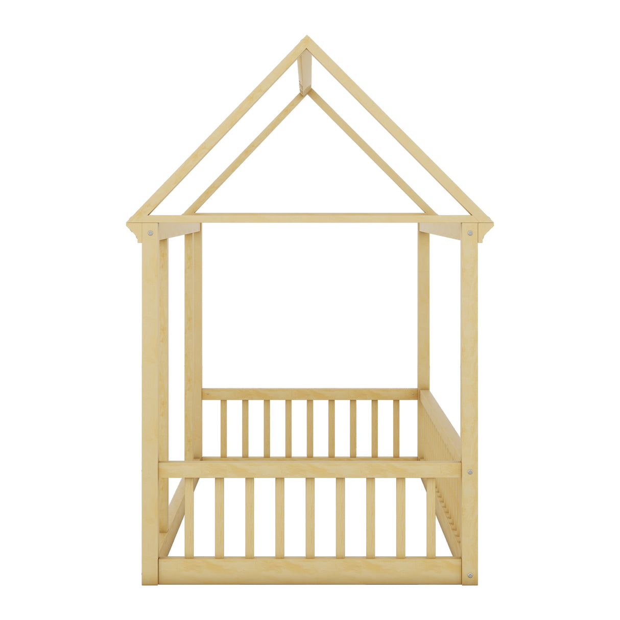 Twin Size Floor Wooden Bed with House Roof Frame and Safety Guardrails,Natural - V.I.P Digital Presence