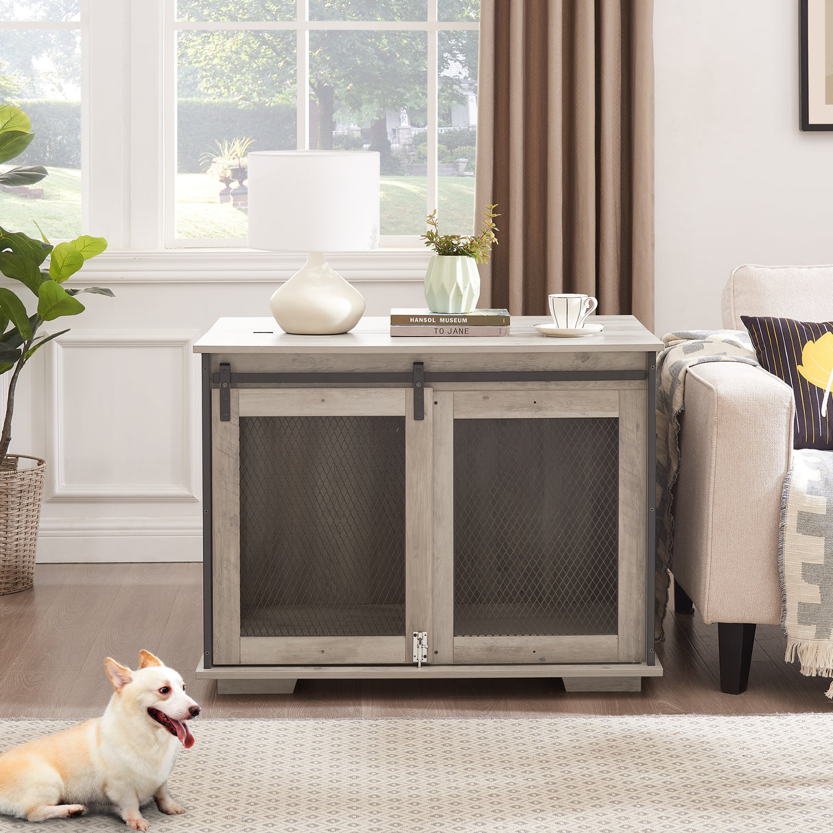 Farmhouse Dog Cage Crate Furniture with Sliding Barn Door, Farmhouse Wooden Dog Kennel End Table with Flip-top Plate Dog House - V.I.P Digital Presence