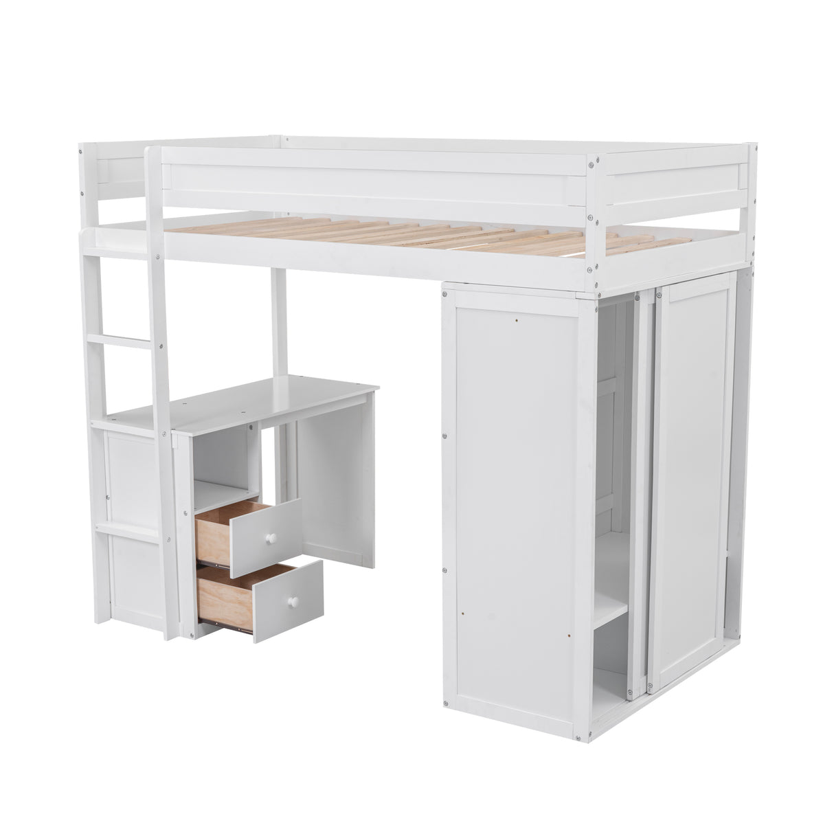 Wood Twin Size Loft Bed with Wardrobes and 2-Drawer Desk with Cabinet White