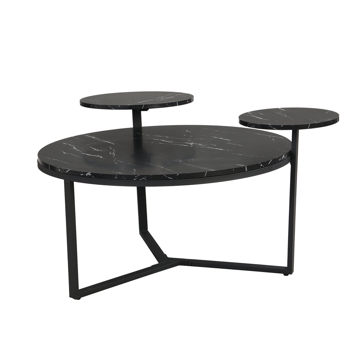Modern coffee table with two display shelves, Black Faux marble surfaces, Tripod-inspired base,Rounded tabletop edges - V.I.P Digital Presence