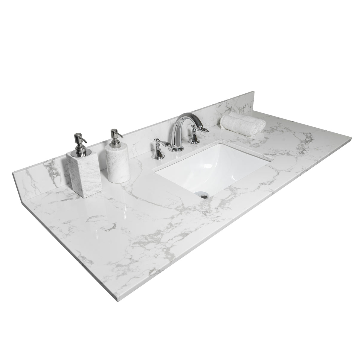 Montary 43x22 bathroom stone vanity top engineered stone carrara white marble color with rectangle undermount ceramic sink and 3 faucet hole with back splash