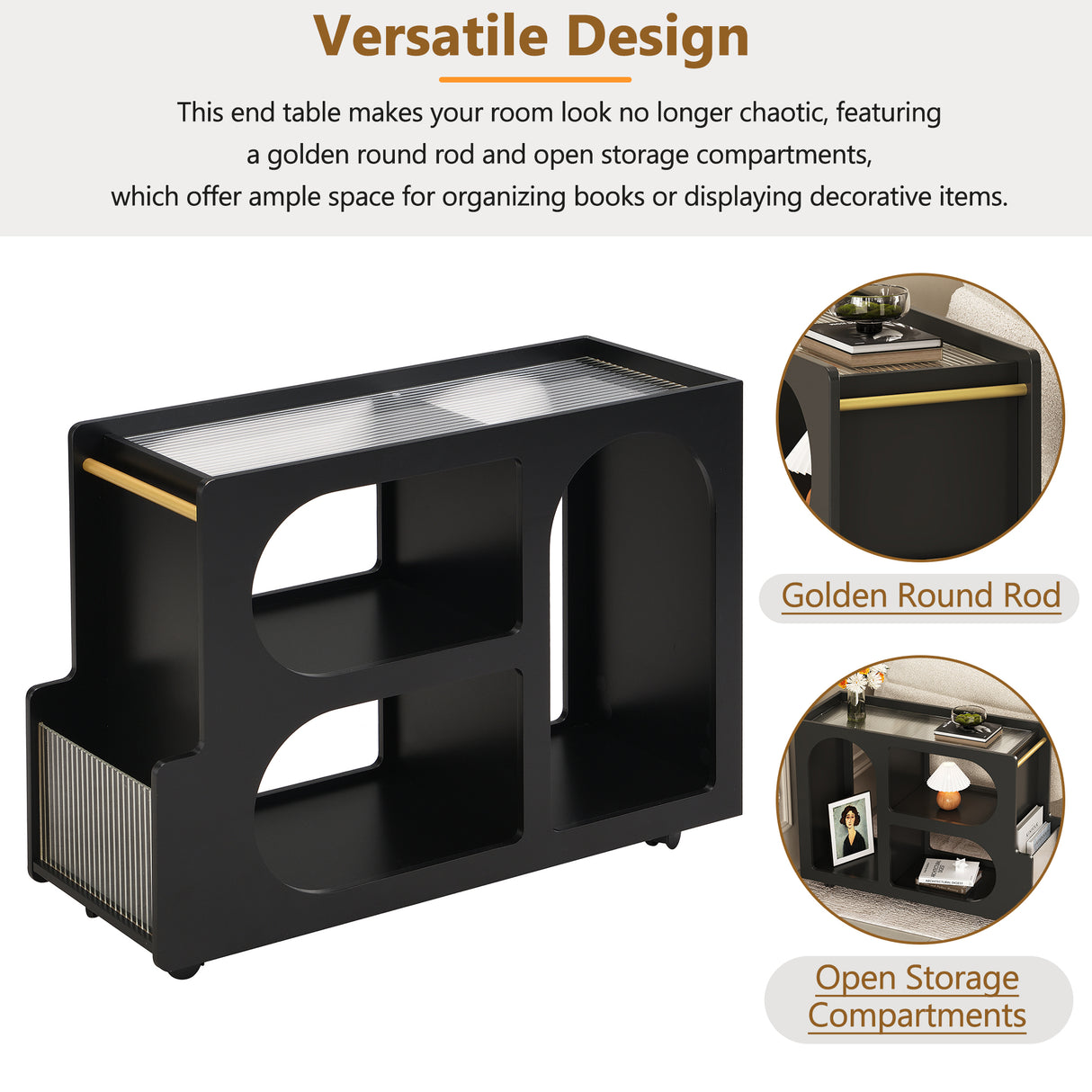 Stylish mobile desk with lockable wheels,bedside table with 5mm thick grooved tempered glass and gold round bars ,black - V.I.P Digital Presence