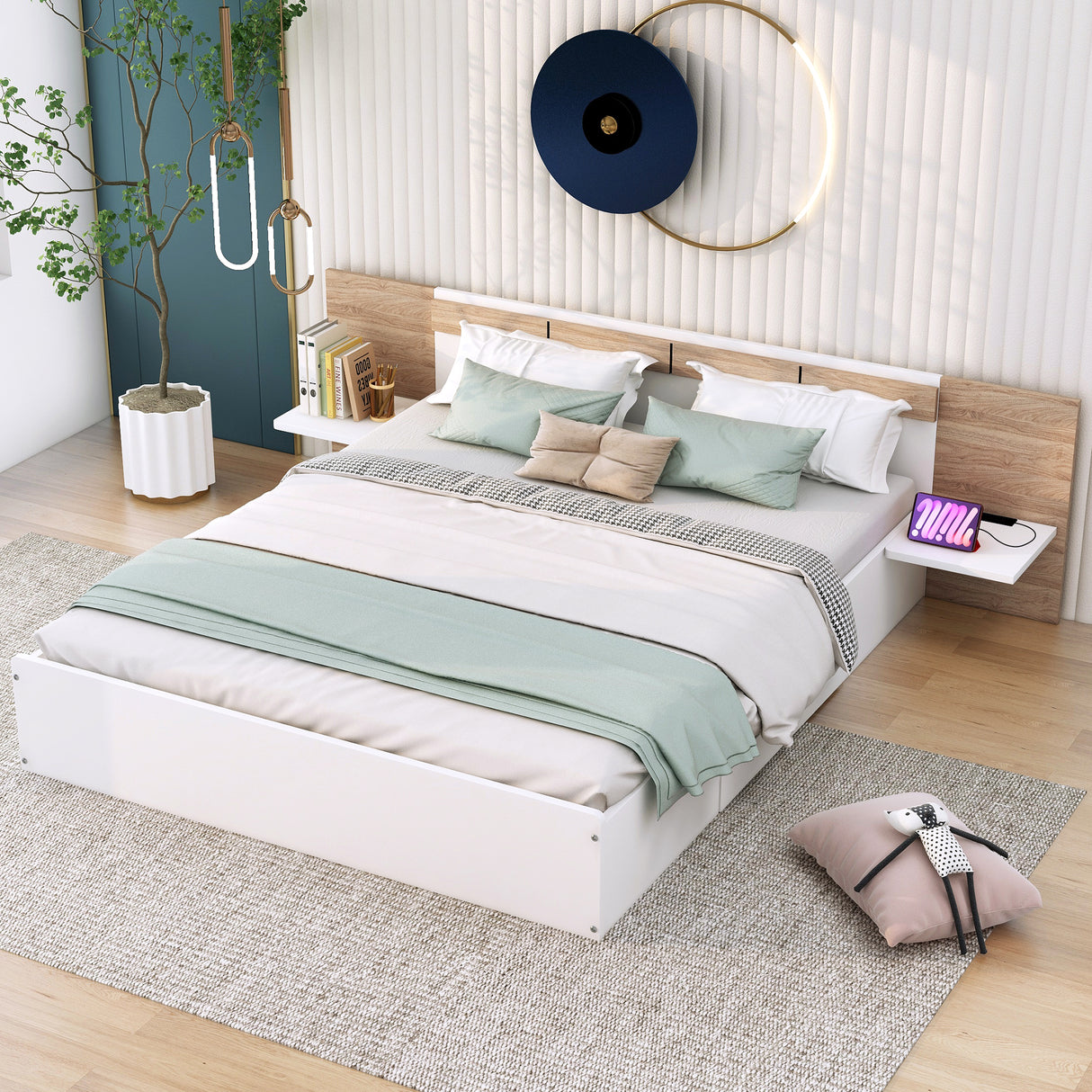Queen Size Platform Bed with Headboard, Drawers, Shelves, USB Ports and Sockets White