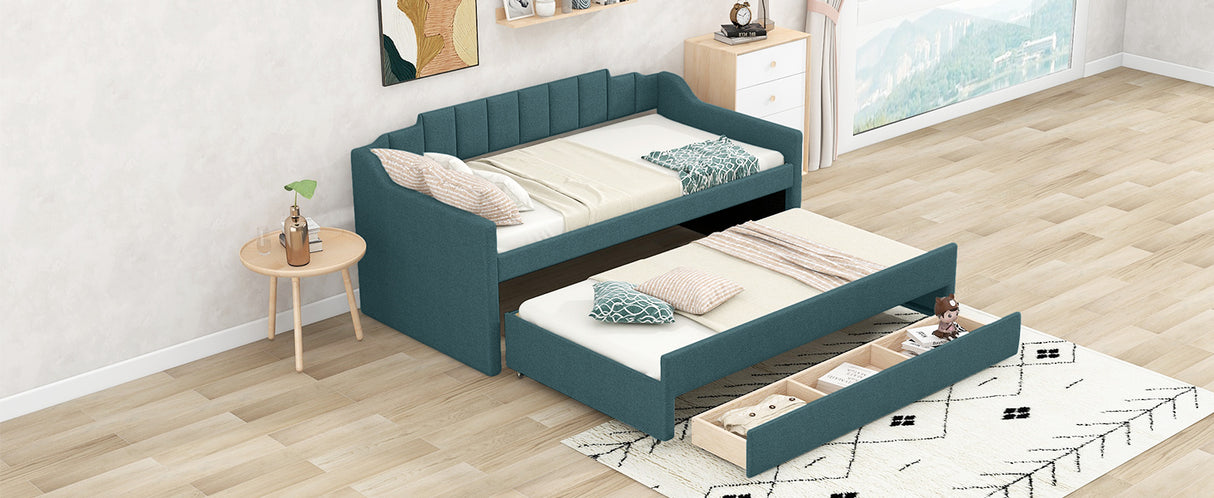 Twin Size Upholstered Daybed with Trundle and Three Drawers,Green