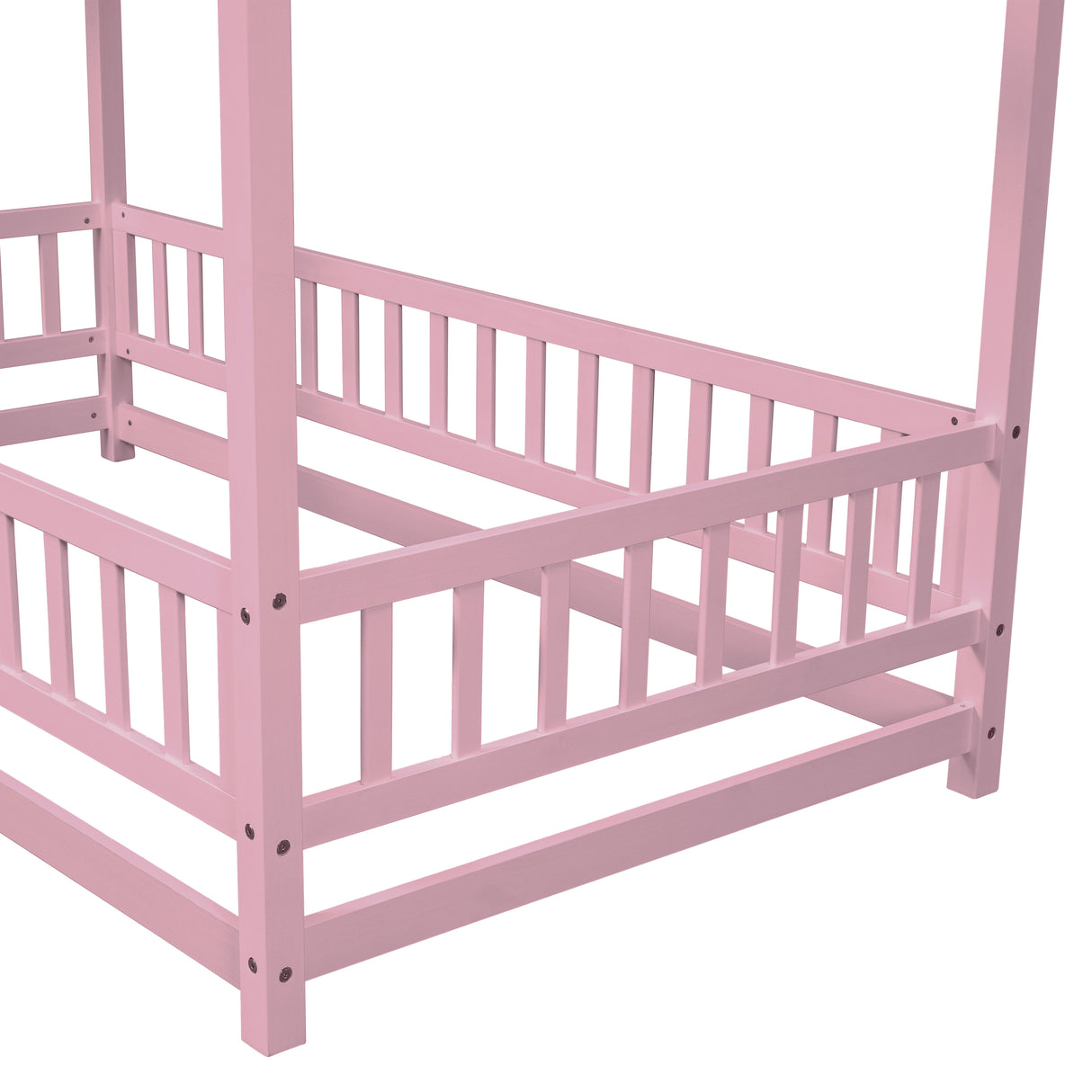 Twin Size Floor Wooden Bed with House Roof Frame, Fence Guardrails,Pink - V.I.P Digital Presence