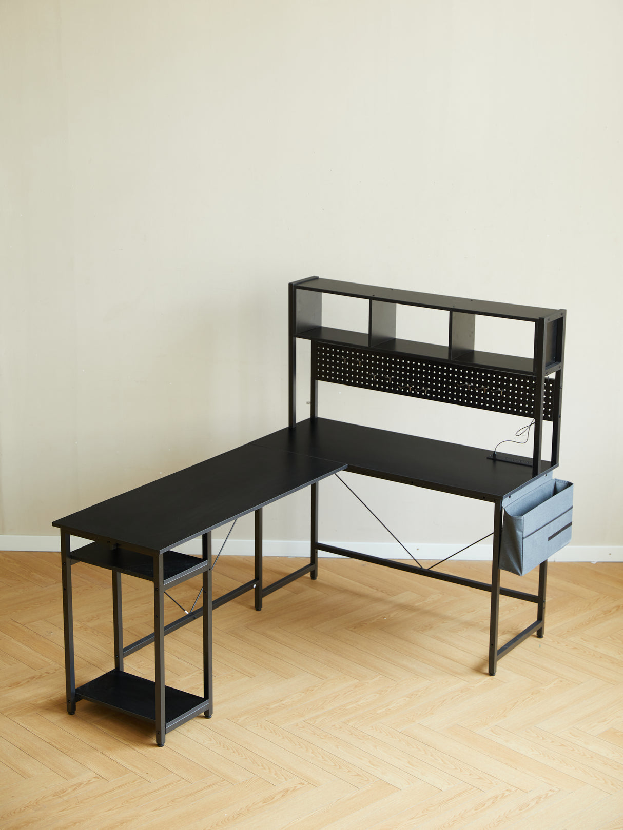 94.5 Inch Home Office Desk L shape gaming desk with LED storage Shelves METAL PANNEL and stool (BLACK) - V.I.P Digital Presence