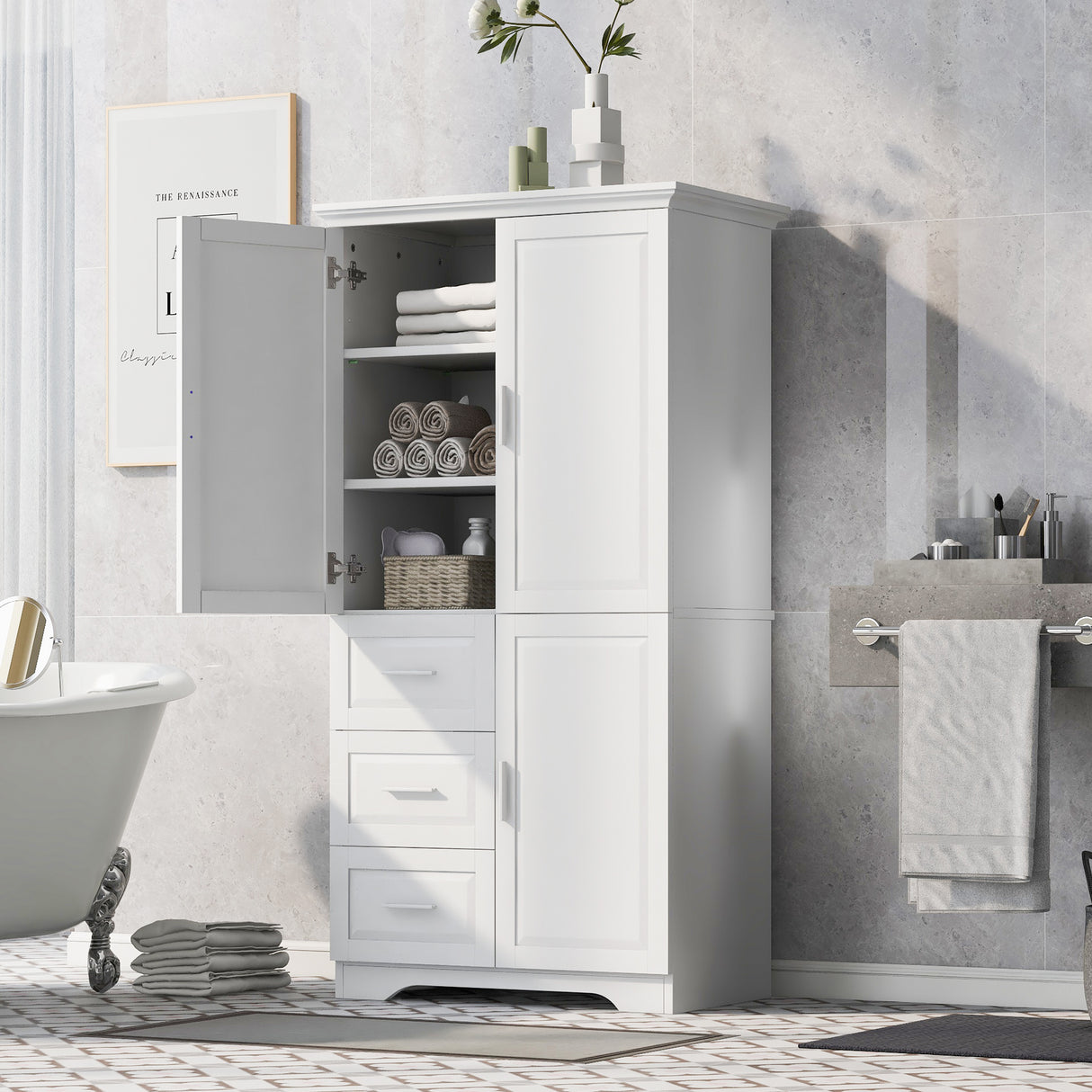 Tall and Wide Storage Cabinet with Doors for Bathroom/Office, Three Drawers, White - V.I.P Digital Presence
