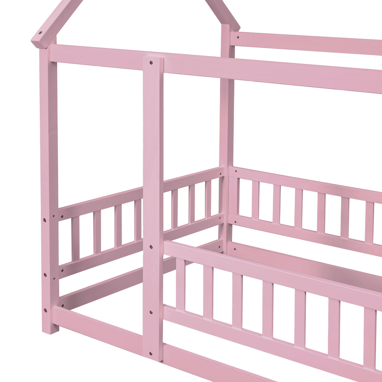 Twin Size Floor Wooden Bed with House Roof Frame, Fence Guardrails,Pink - V.I.P Digital Presence