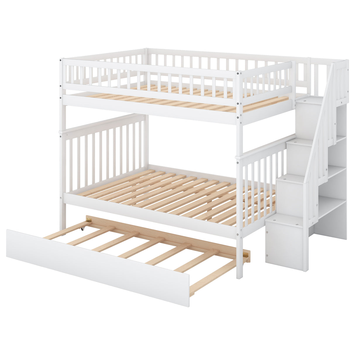 Full over Full Bunk Bed with Trundle and Staircase White