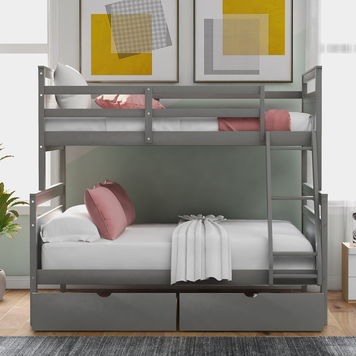 Twin over Full Bunk Bed with Ladder Two Storage Drawers Safety Guardrail Gray