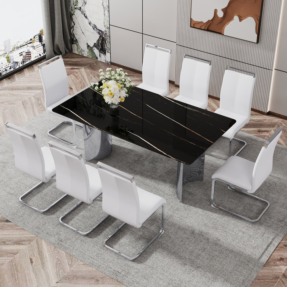 Modern minimalist dining table The black imitation marble glass desktop is equipped with silver metal legs - V.I.P Digital Presence