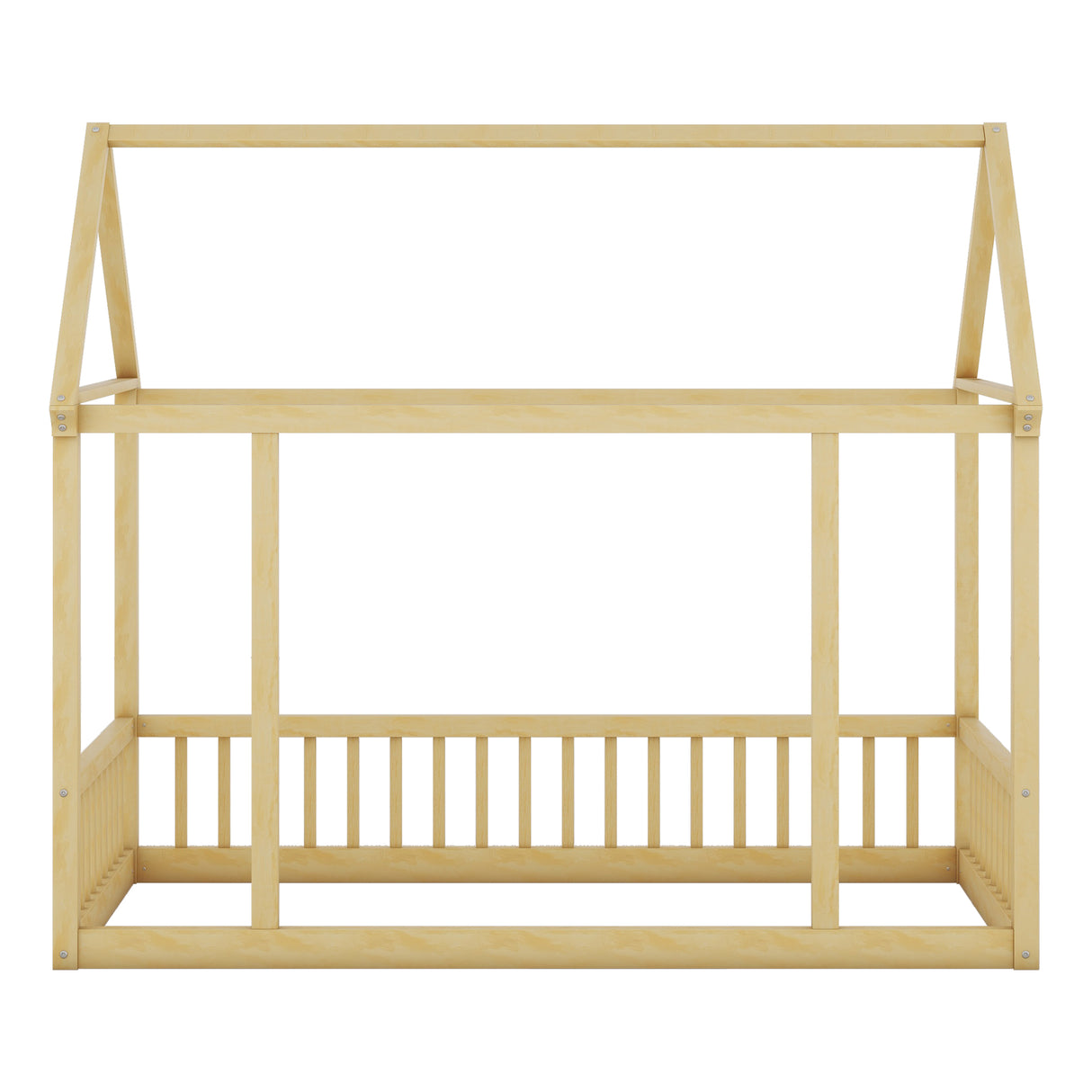 Twin Size Floor Wooden Bed with House Roof Frame and Safety Guardrails,Natural - V.I.P Digital Presence
