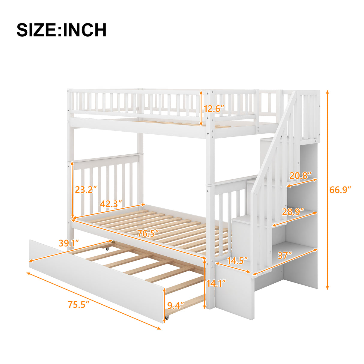 Twin over Twin Bunk Bed with Trundle and Storage White