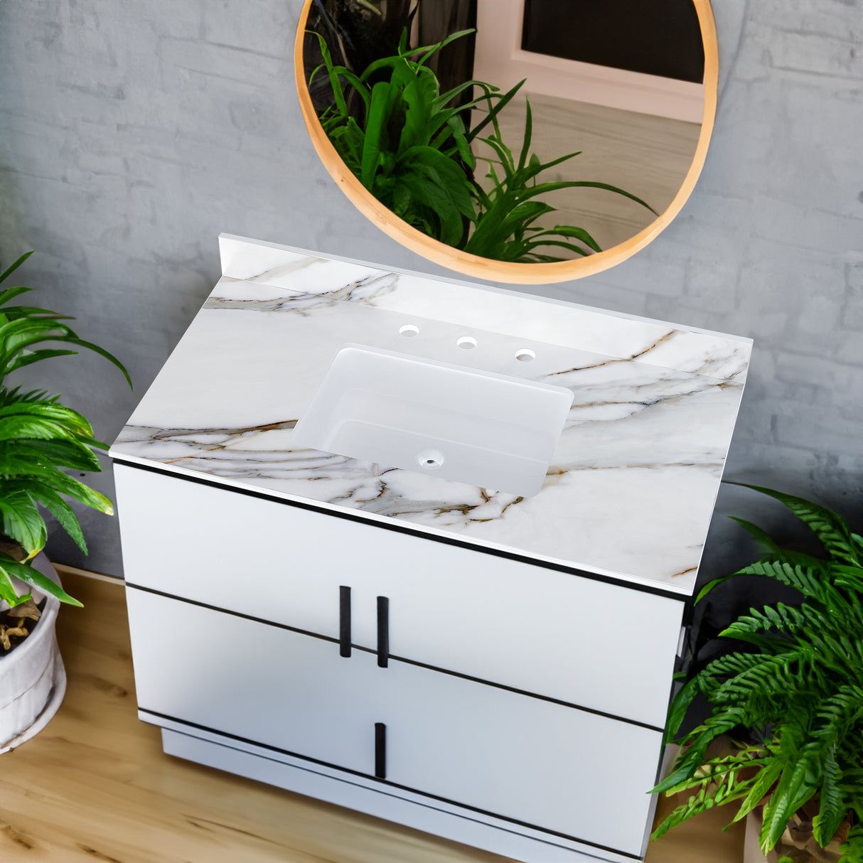 43 inch marble countertop with base rectangular central sink and 4-inch high splash guard, pre drilled 8-inch faucet hole ,white - V.I.P Digital Presence