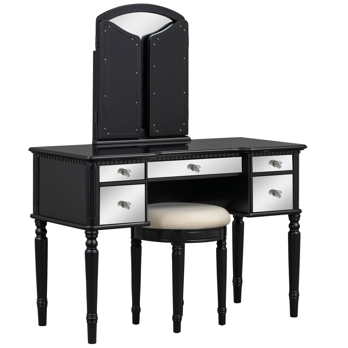 GO 43" Dressing Table Set with Mirrored Drawers and Stool, Tri-fold Mirror, Makeup Vanity Set for Bedroom, Black - V.I.P Digital Presence