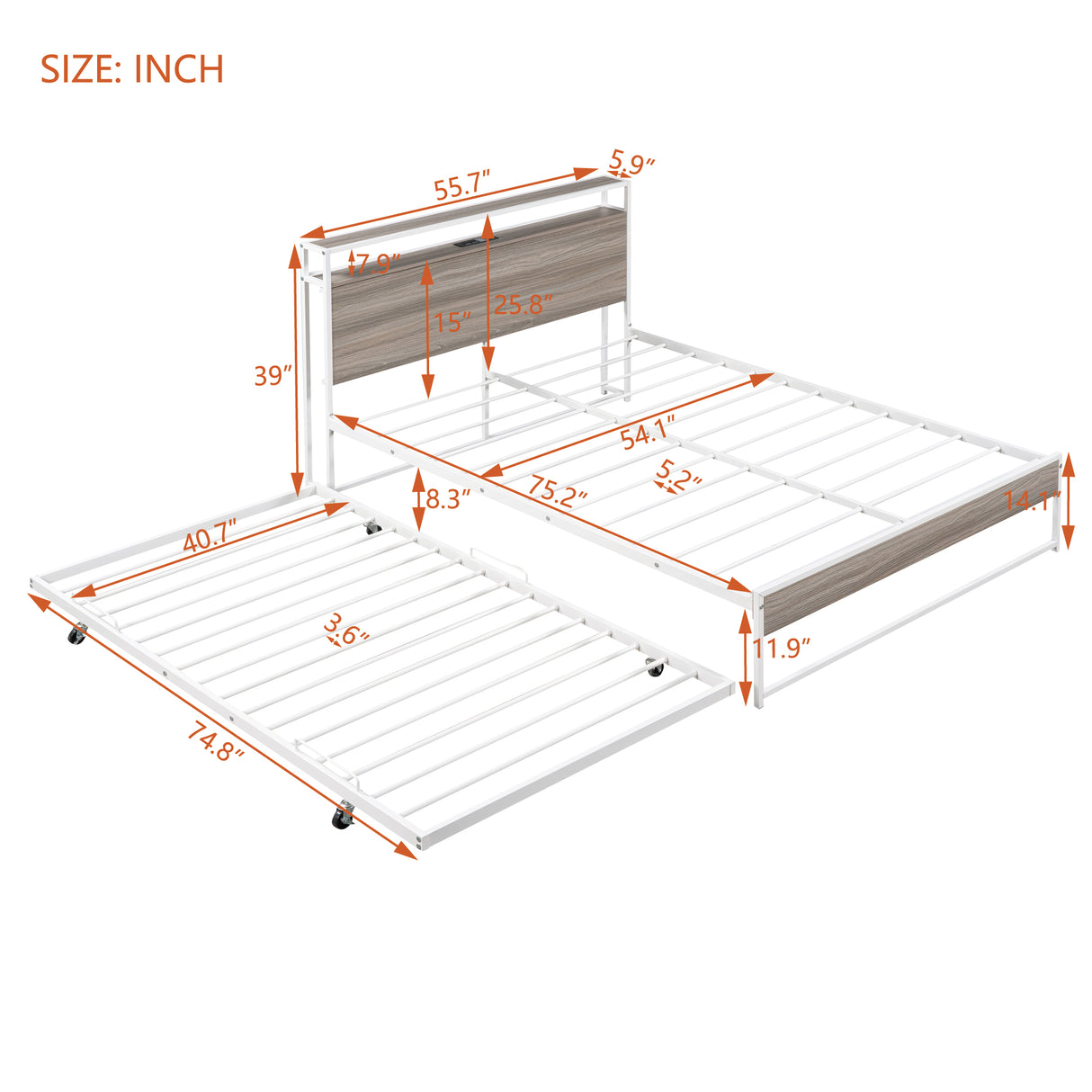 Full Size Metal Platform Bed Frame with Trundle, USB Ports and Slat Support No Box Spring Needed White - V.I.P Digital Presence