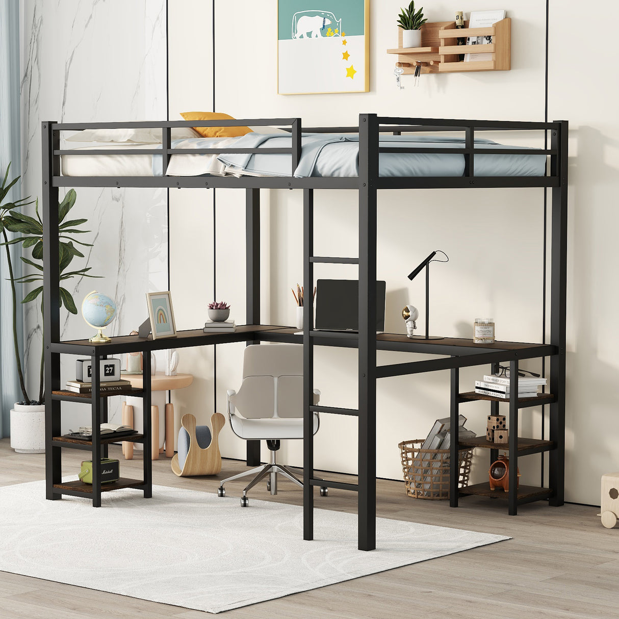 Full metal loft bed with desk and shelf, loft bed with ladder and guardrail, black with retro wood desk - V.I.P Digital Presence