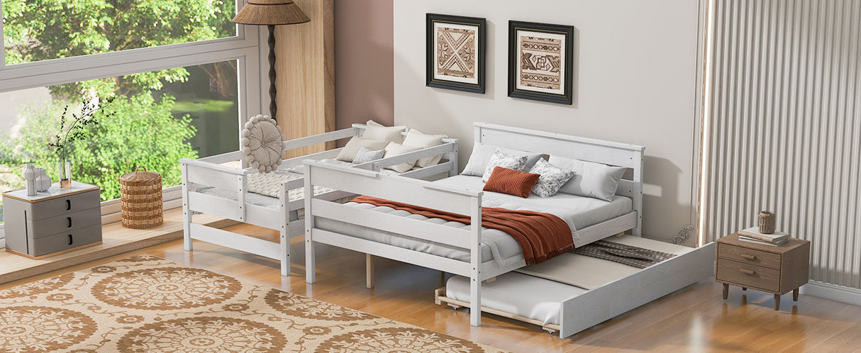 Wood Twin over Full Bunk Bed with Twin Size Trundle White