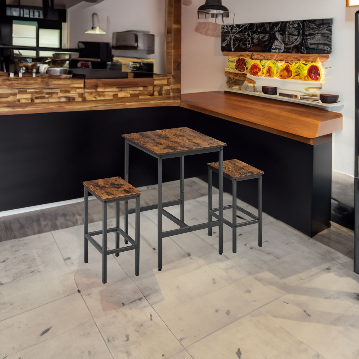 Bar Table Set Square Bar Table with 2 Bar Chairs Industrial Style Bar Chairs for Kitchen Breakfast Table Rustic Brown and Black